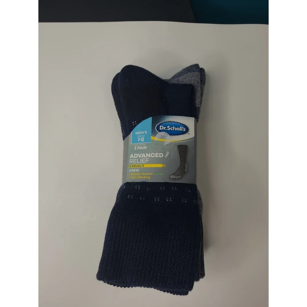 Dr. Scholls ~ 3-Pair Navy Blue Socks Crew Advanced Relief Non-Binding ~ 7-12